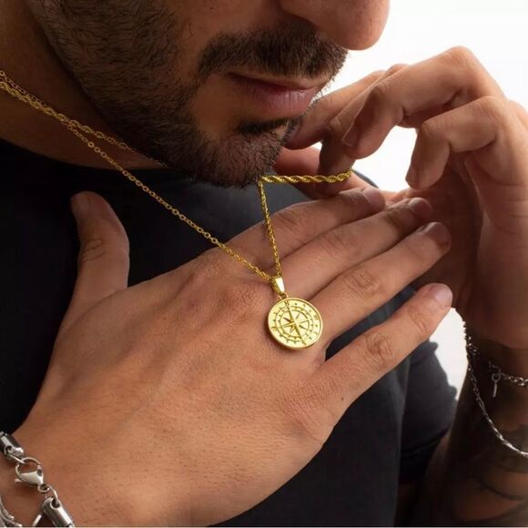 COPY - Men’s Compass Pendant Chain Necklace 24” inch Long - Picture 1 of 3